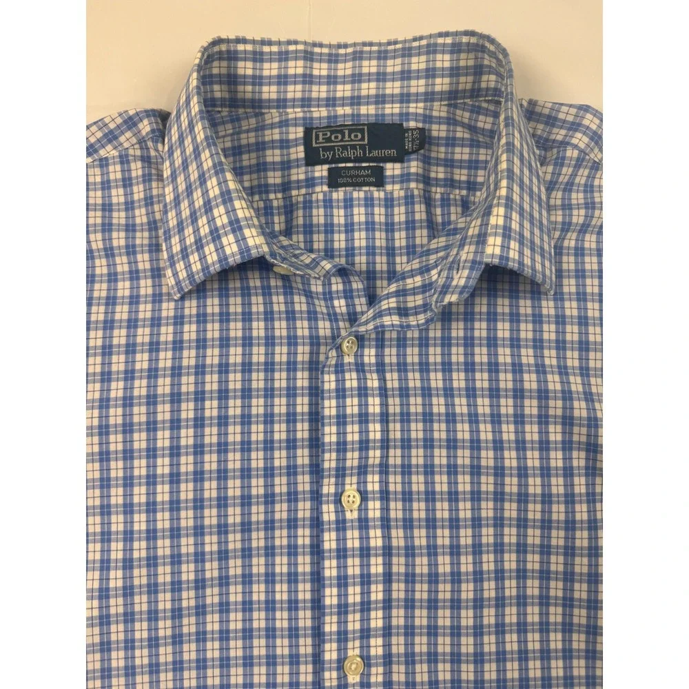 Polo Ralph Lauren Mens 17.5‎ 34/35 Blue White Check Cotton Button Down Shirt